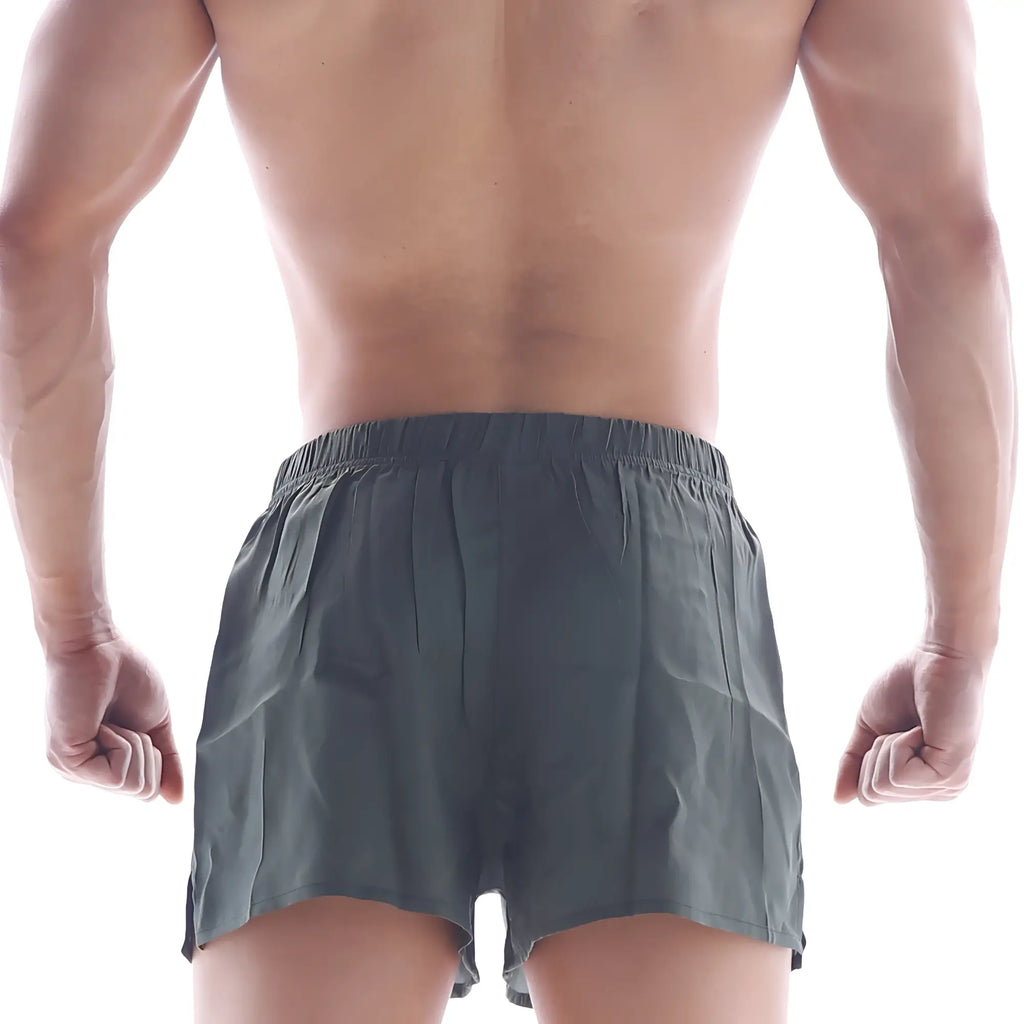 Dark gray lightweight athletic shorts with elastic waistband from metromalewear silk satin boxer khaki s33-26 collection