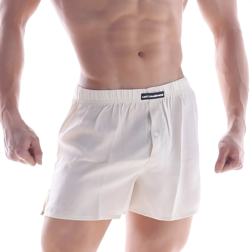 White cotton metroMaleWear boxer shorts with button closure and elastic waistband in silk satin nude s33-01 style