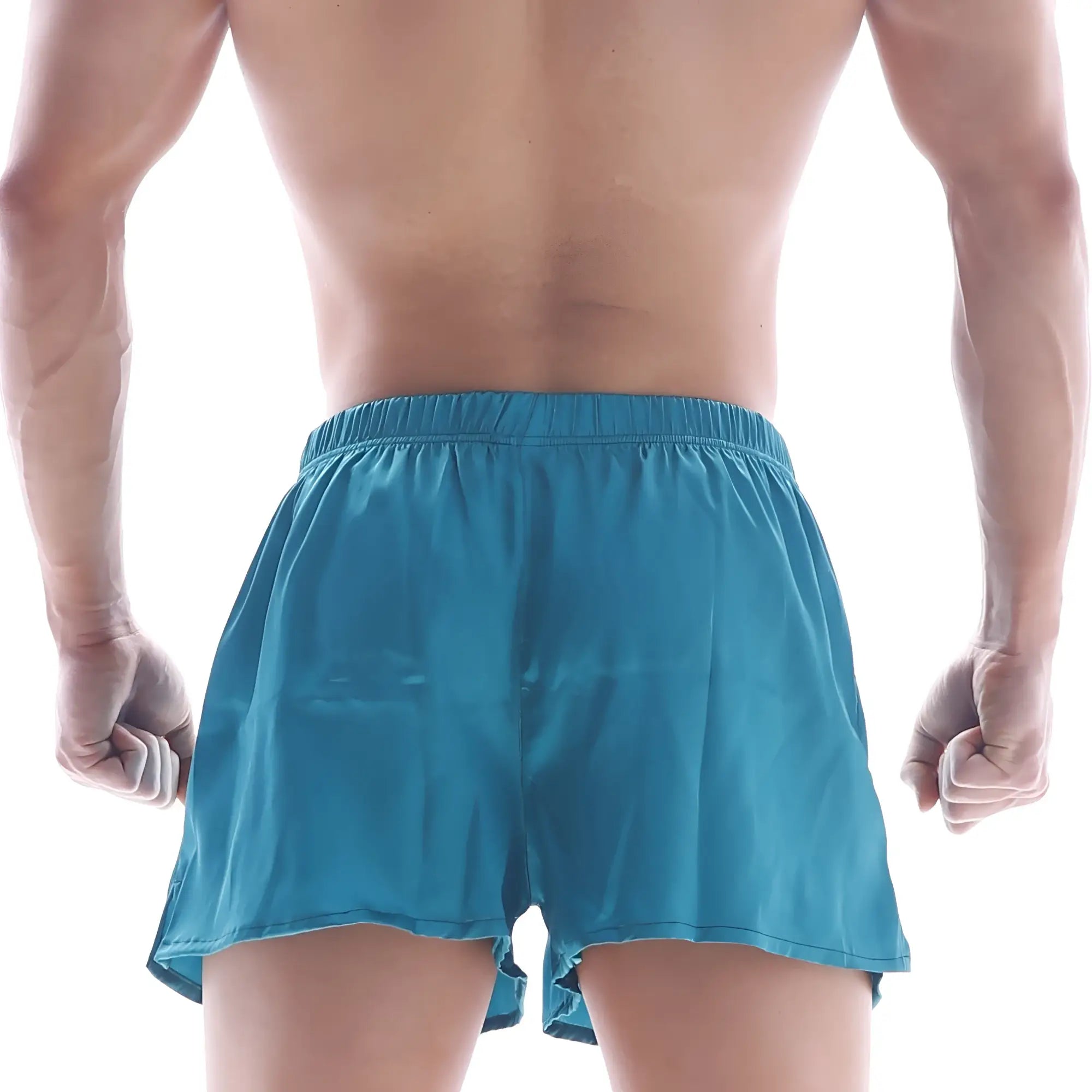 Teal silk satin metroMalewear boxer shorts with elastic waistband and slightly flared hem in turquoise s33-08