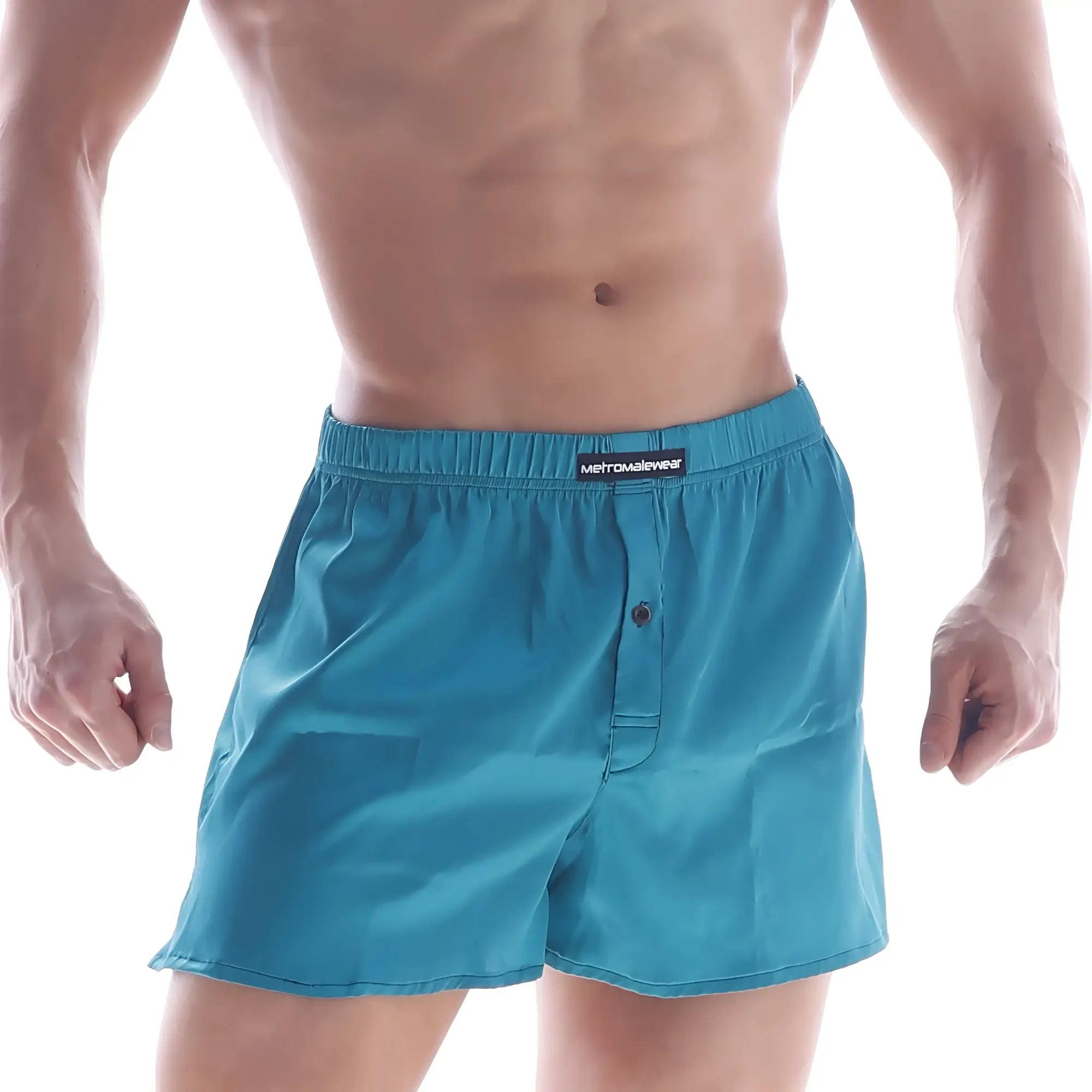 Teal silk satin boxer shorts with elastic waist button closure and metromalewear brand label on the waistband