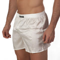 White satin boxer shorts with black metroMalewear brand label on waistband in silk satin fabric S33-00 model