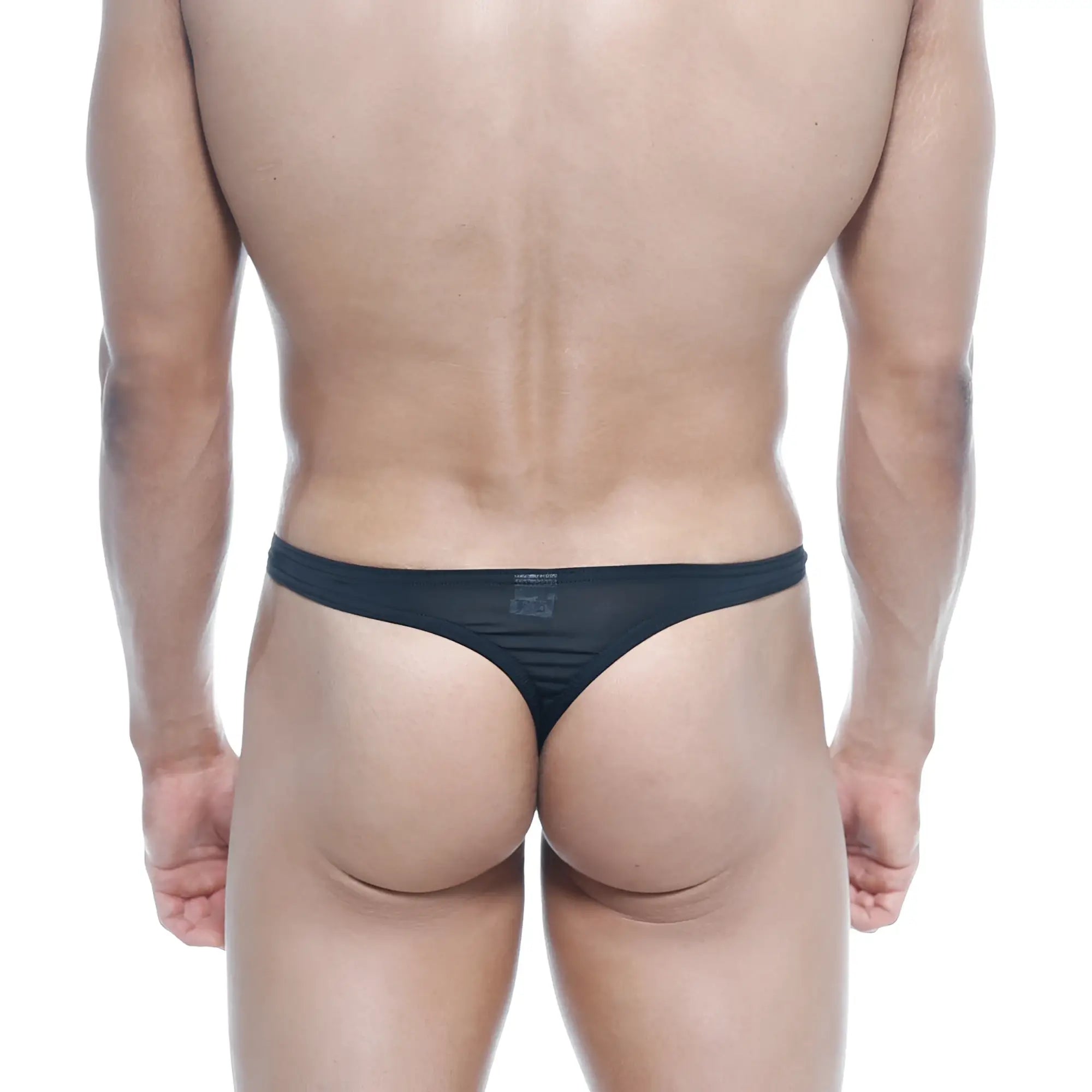 Black mesh thong with subtle textured pattern and small brand tag at center back from metromalewear silk collection