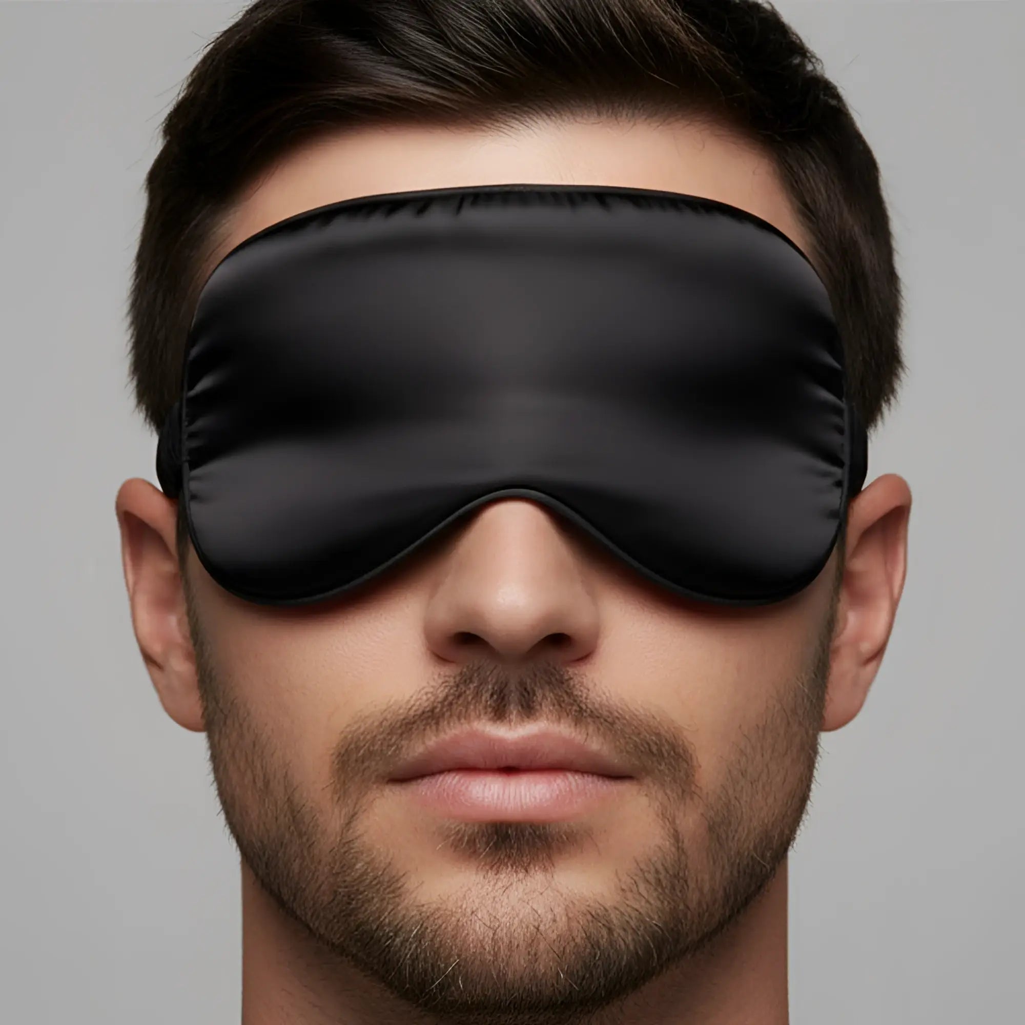 MetroMaleWear silky eye mask black satin with smooth glossy finish and elasticized edges for comfortable sleep