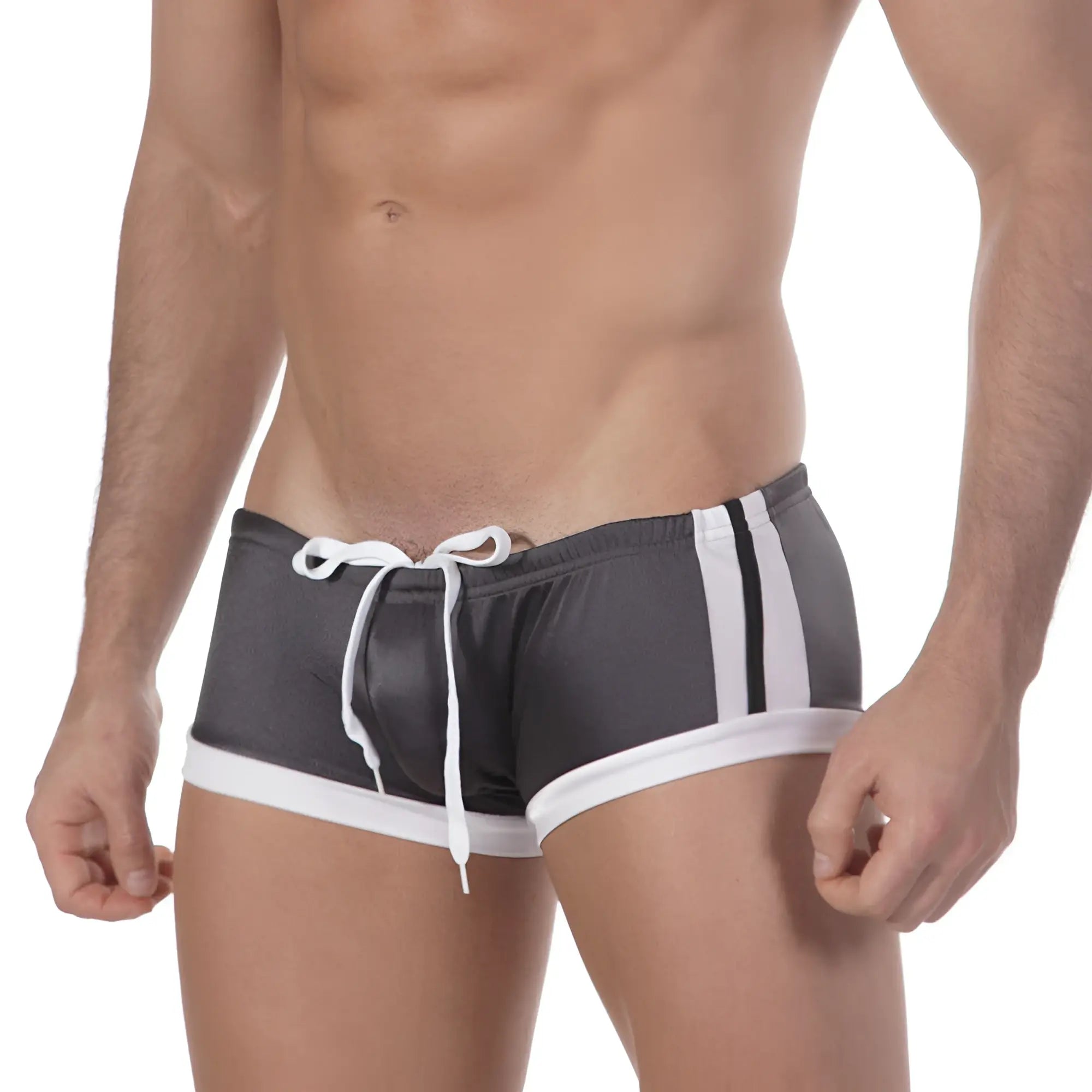 Gray swim trunks with white side stripes and matching drawstring waistband from metromalewear silver swim boxer charcoal 4906-11