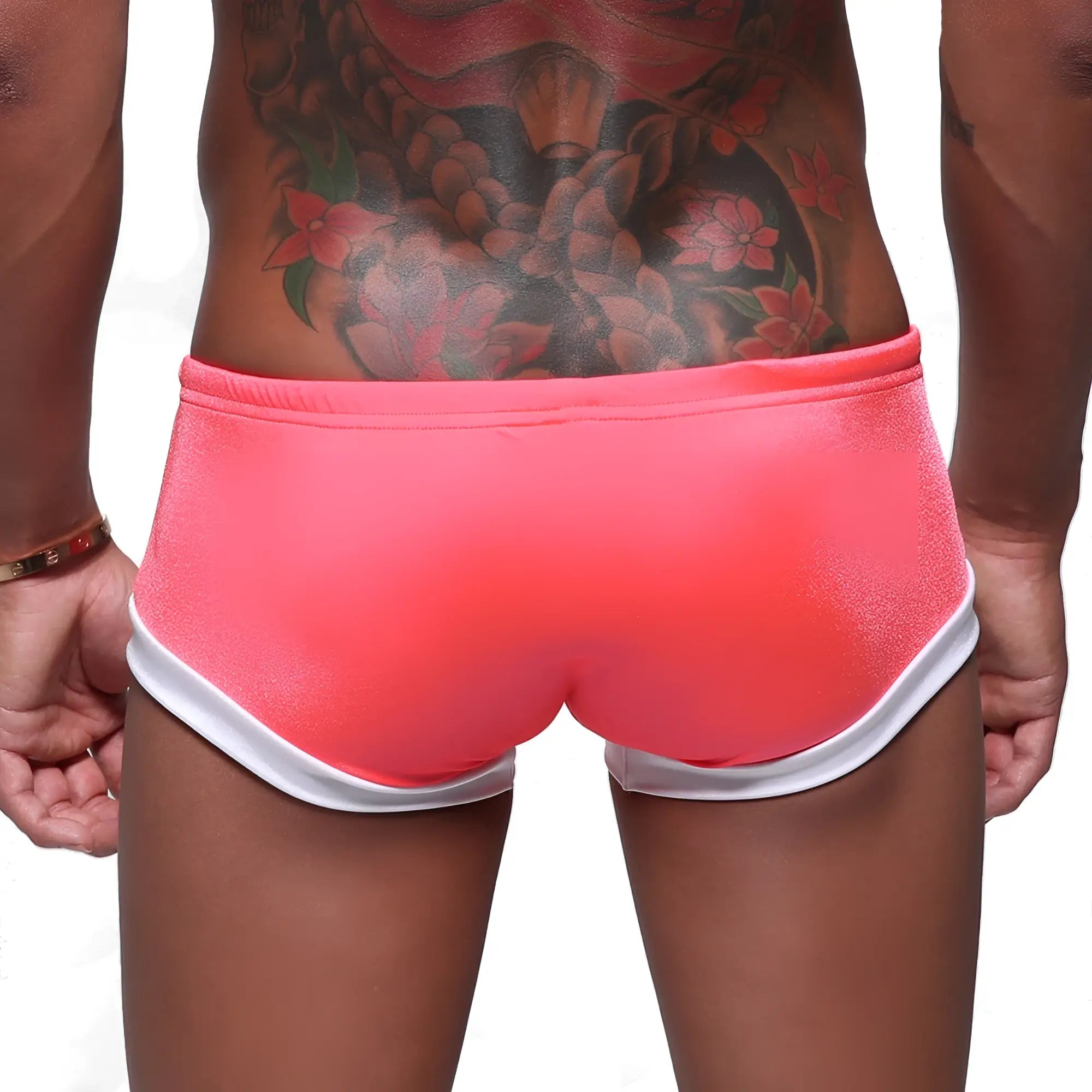 Bright pink metro malewear silver swim boxer with white trim designed for stylish swimwear use