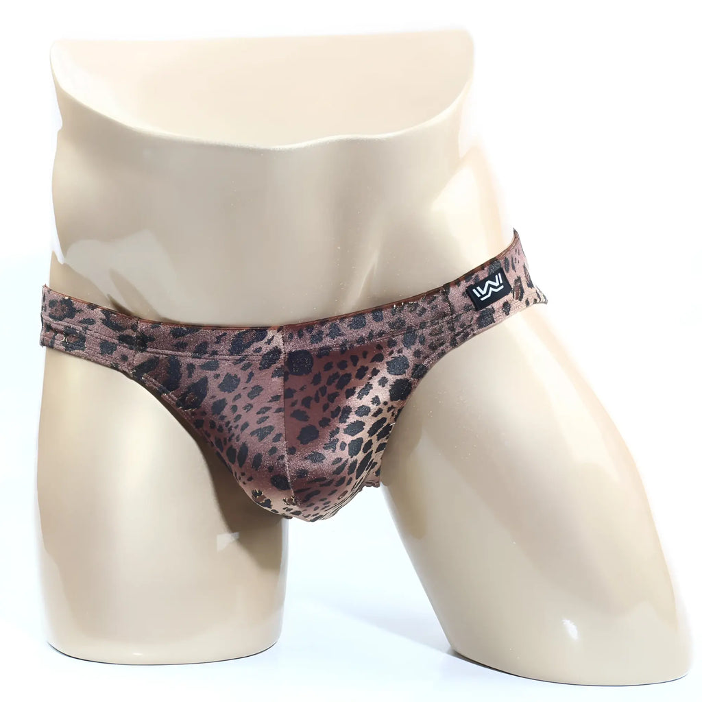 MetroMaleWear Silvestre Bikini 5103-M23 leopard print men’s briefs in mauve and black satin with branded waistband patch