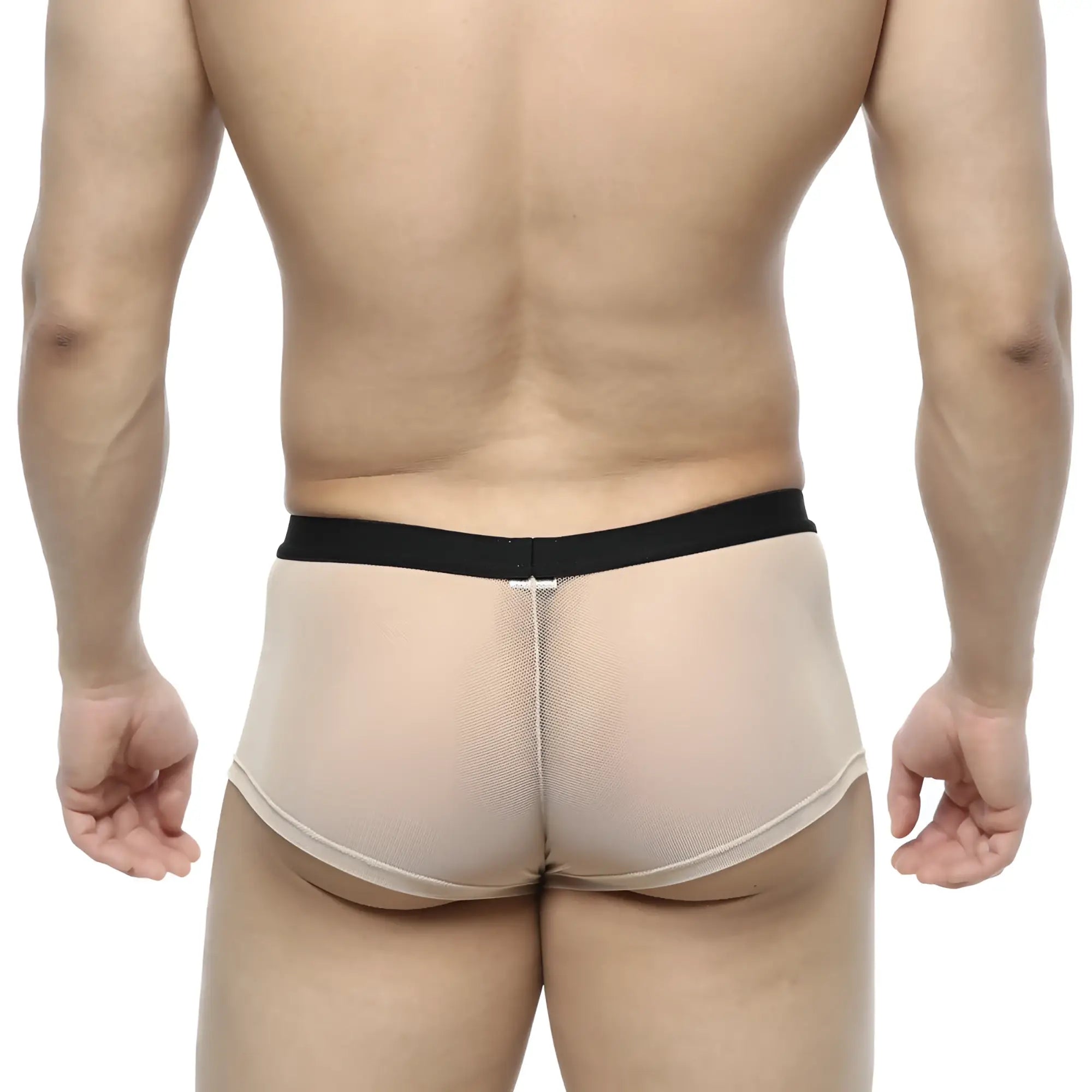 Beige mesh briefs with black elastic waistband from metromalewear simple trunk nude 1033-02