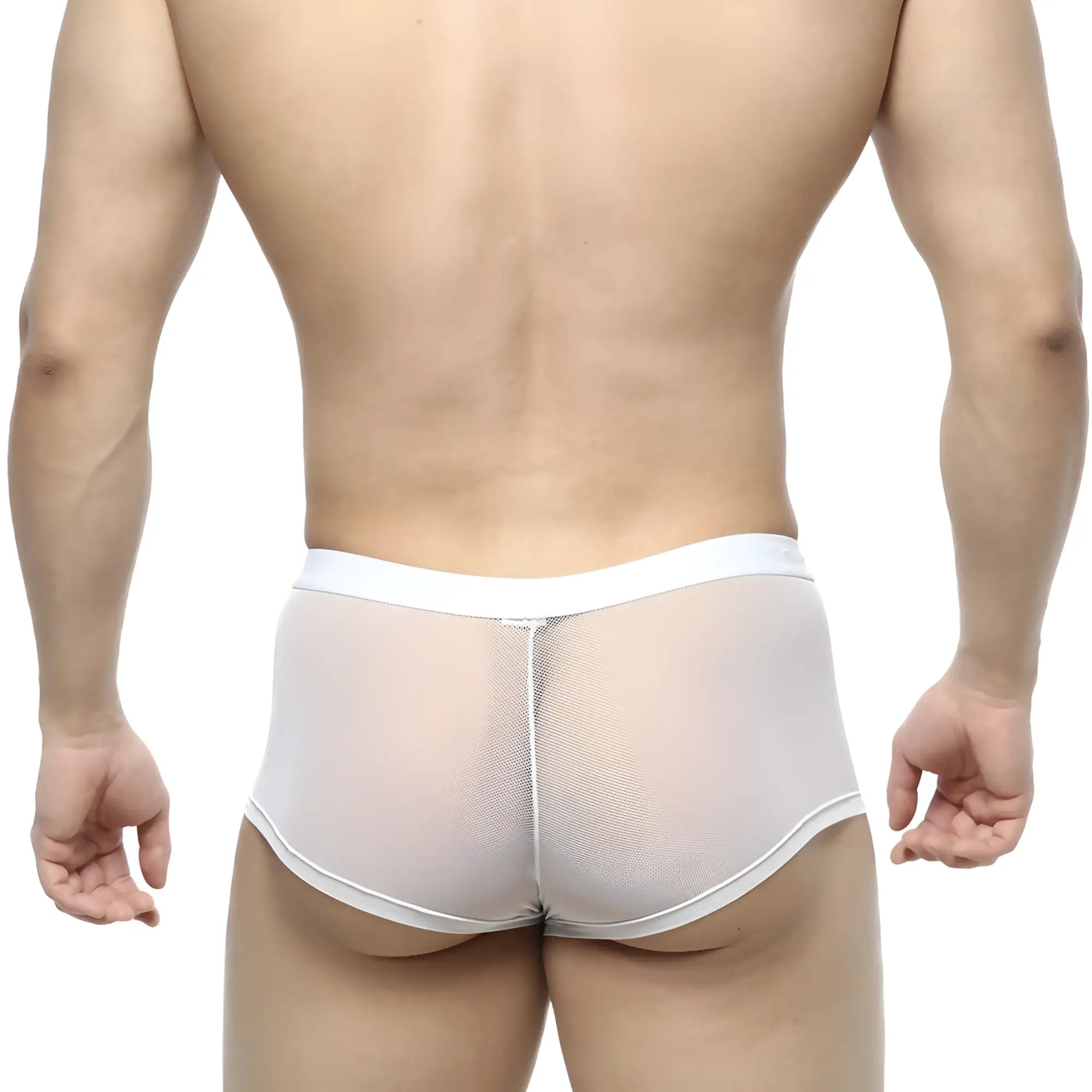 White mesh briefs with a solid white waistband from metroMalewear simple trunk white 1033-00 product collection
