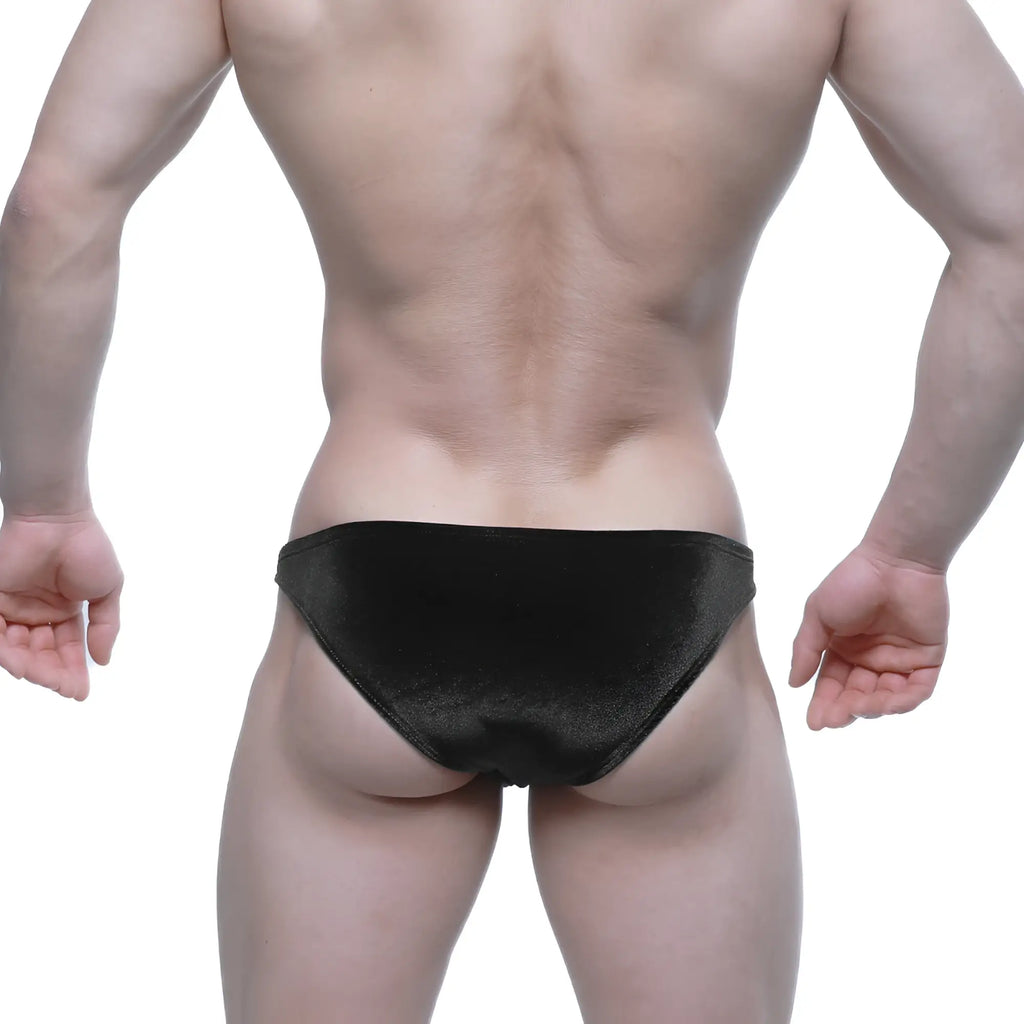 Black velvet MetroMaleWear Sindbad bikini briefs in black with a subtle textured pattern