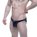 Navy blue velvet briefs with a red and white brand tag on the waistband from metromalewear sindbad bikini 6003-52