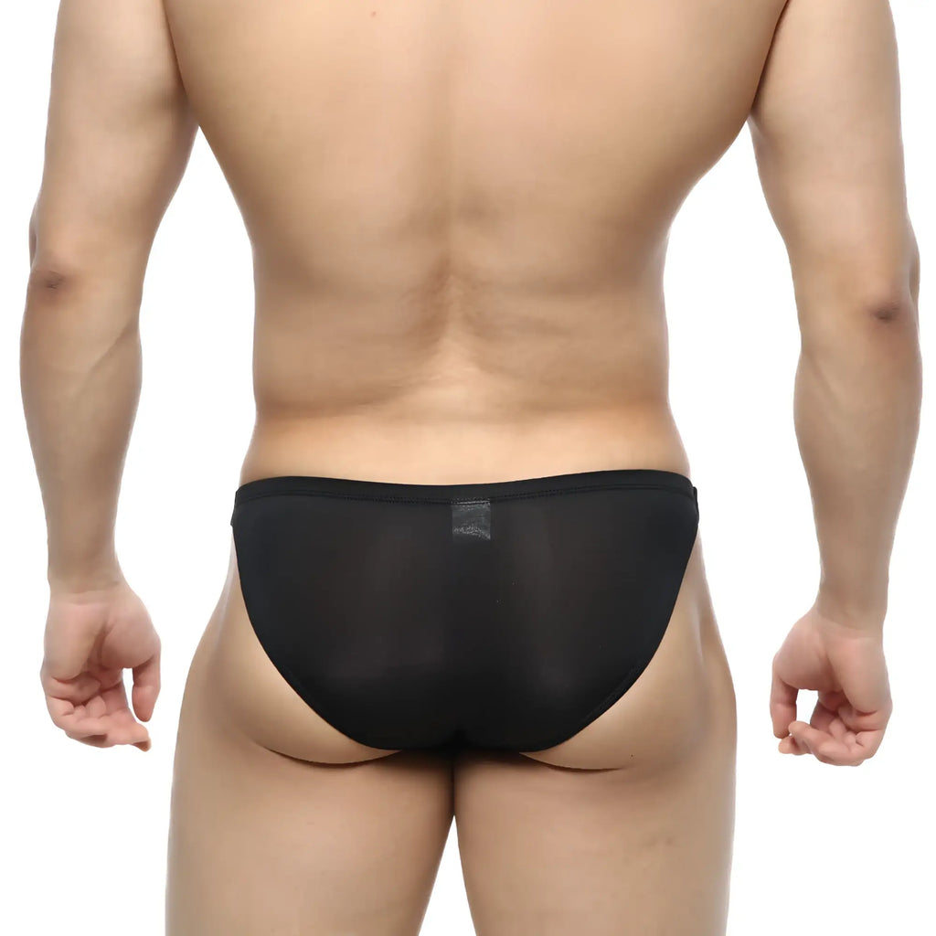 Black sheer mesh MetroMaleWear slim bikini briefs with subtle brand tag at waistband front view