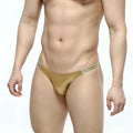 Shiny gold metallic thong with sparkling silver trim on waistband from metromalewear slim bikini lujos 3604-21