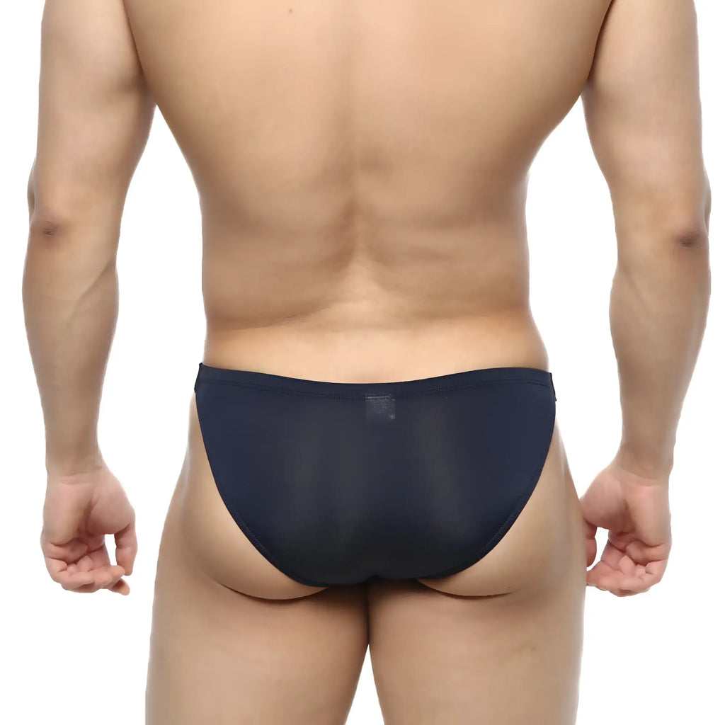 Metro malewear slim bikini navy 3604-28 sheer mesh briefs in navy blue showing front view