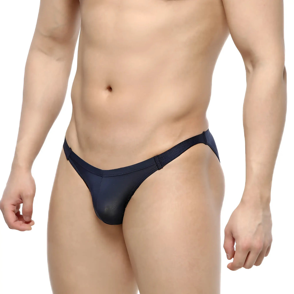 Navymalewear slim bikini navy sheer mesh thong with solid fabric waistband showcasing a sleek design