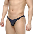Navymalewear slim bikini navy sheer mesh thong with solid fabric waistband showcasing a sleek design