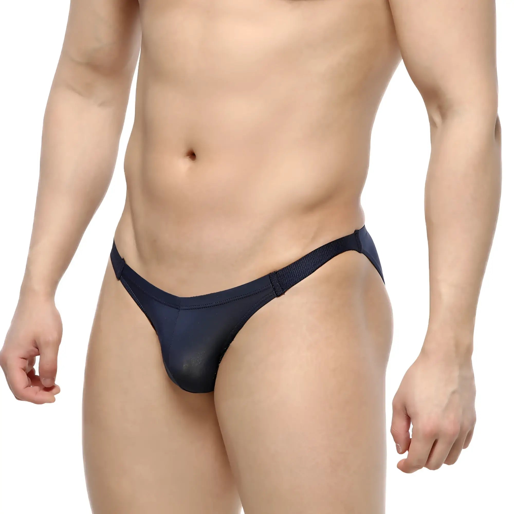 Navymalewear slim bikini navy sheer mesh thong with solid fabric waistband showcasing a sleek design