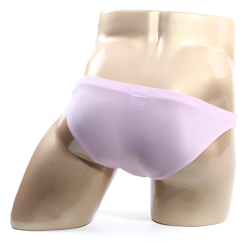 MetroMaleWear slim bikini brief in soft lavender pink sheer mesh displayed on a mannequin front view