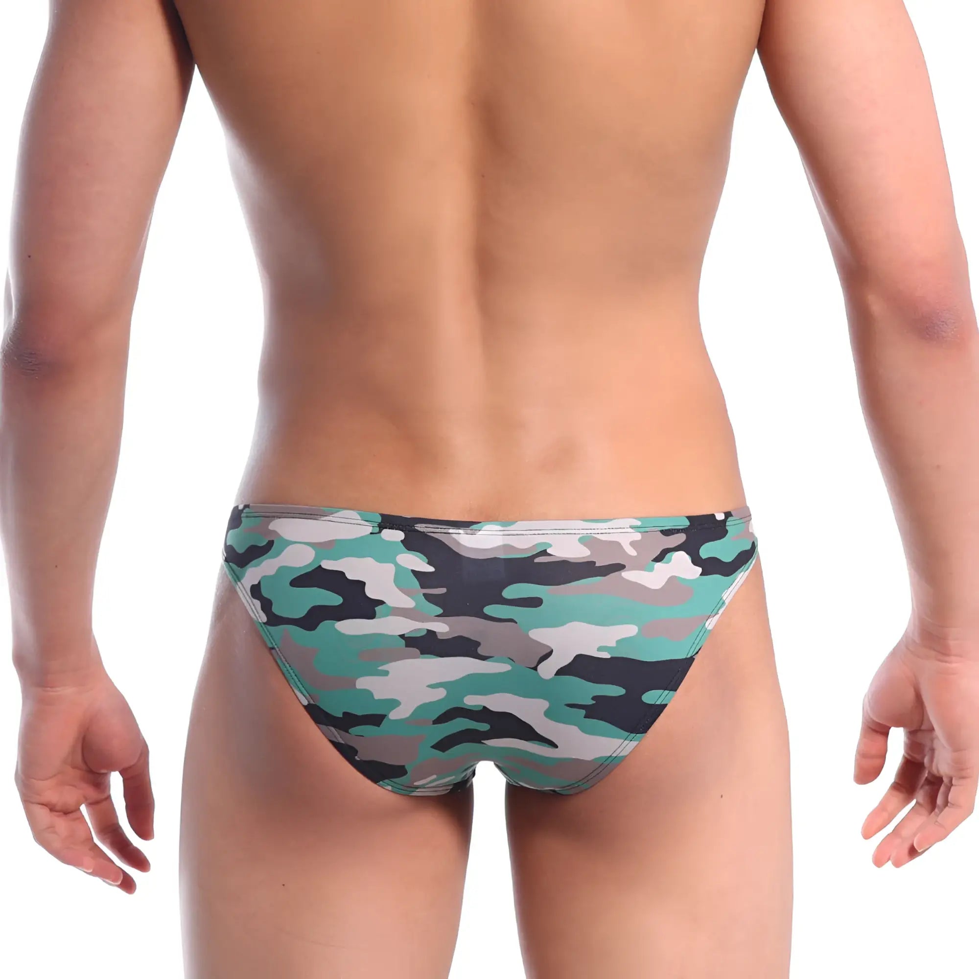 MetroMaleWear slim hip bikini swim trunks in green gray and black camouflage pattern for stylish swimwear use