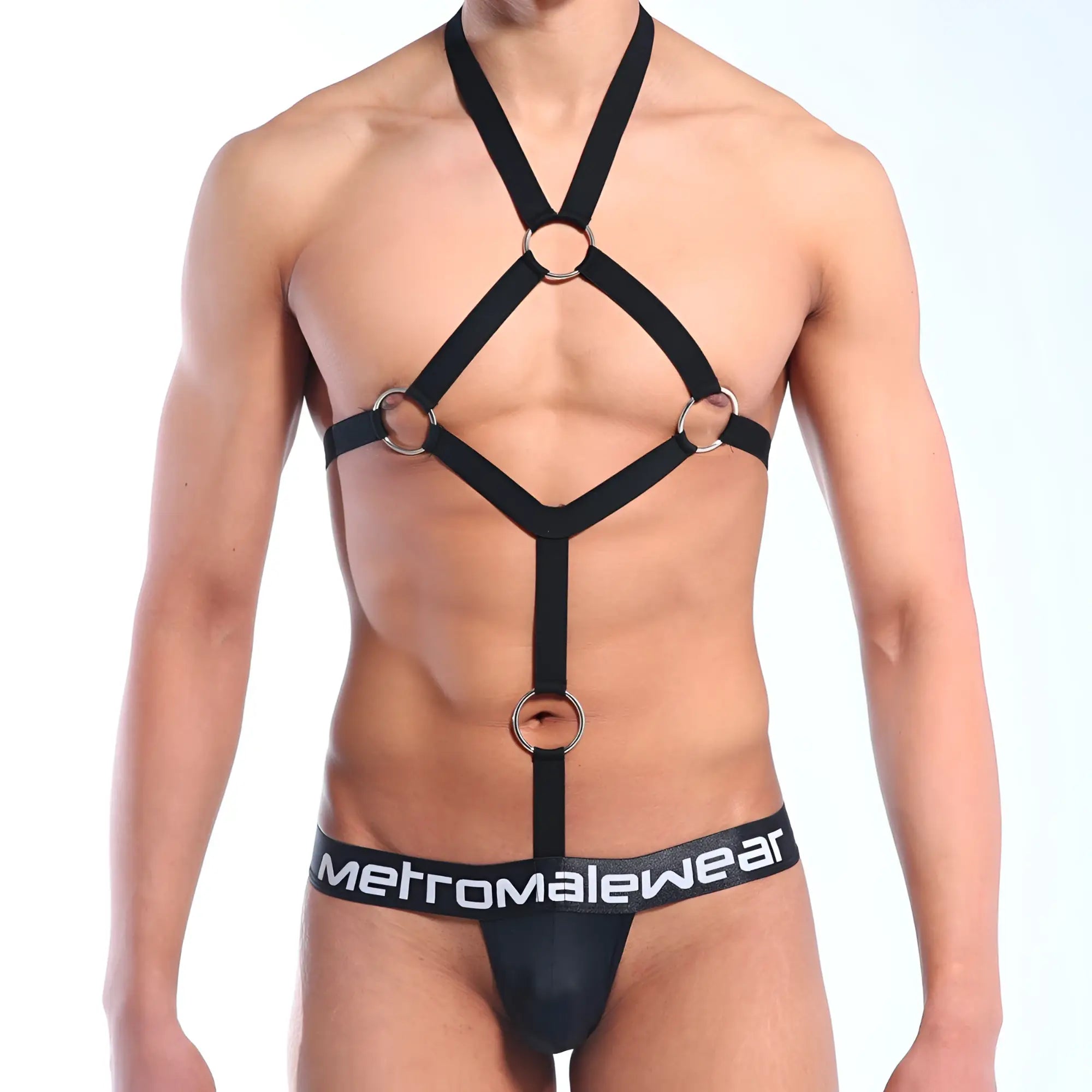 Black MetroMaleWear sling jock strap bodysuit with silver metal rings adjustable straps and branded waistband