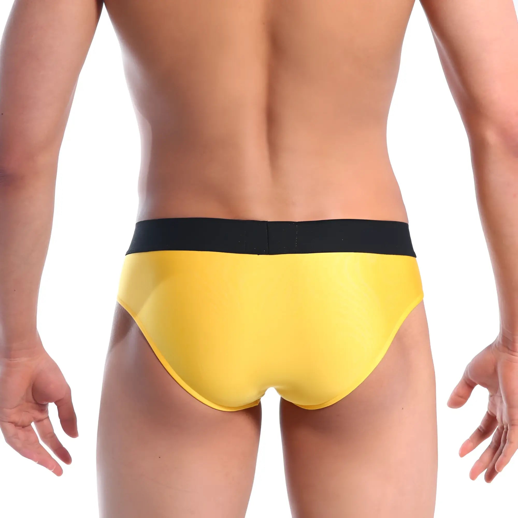 Bright yellow metro male wear snap brief mango 2222-15 with contrasting black elastic waistband for men