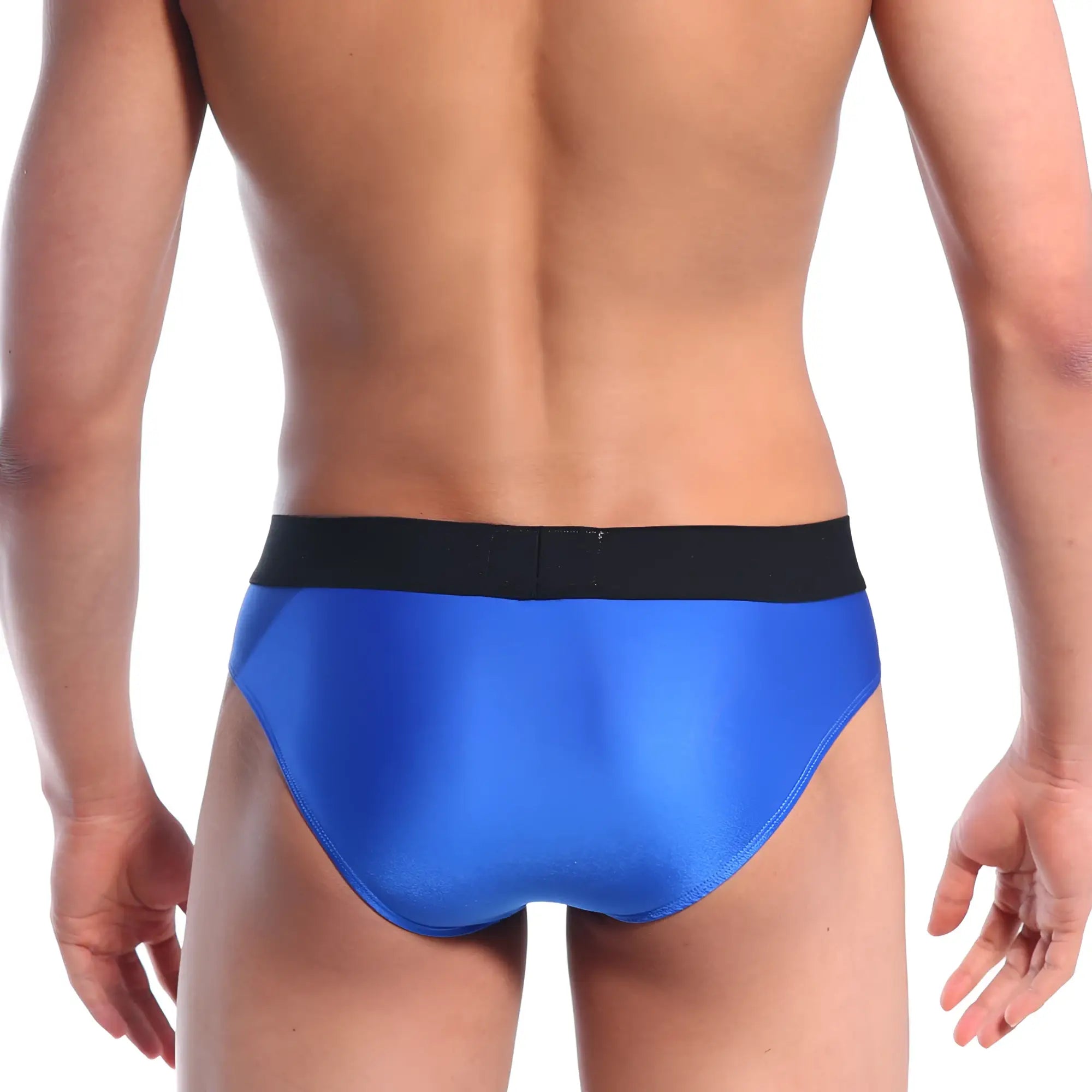 Bright blue satin briefs with black elastic waistband by MetroMaleWear snap brief royal 2222-18 front view