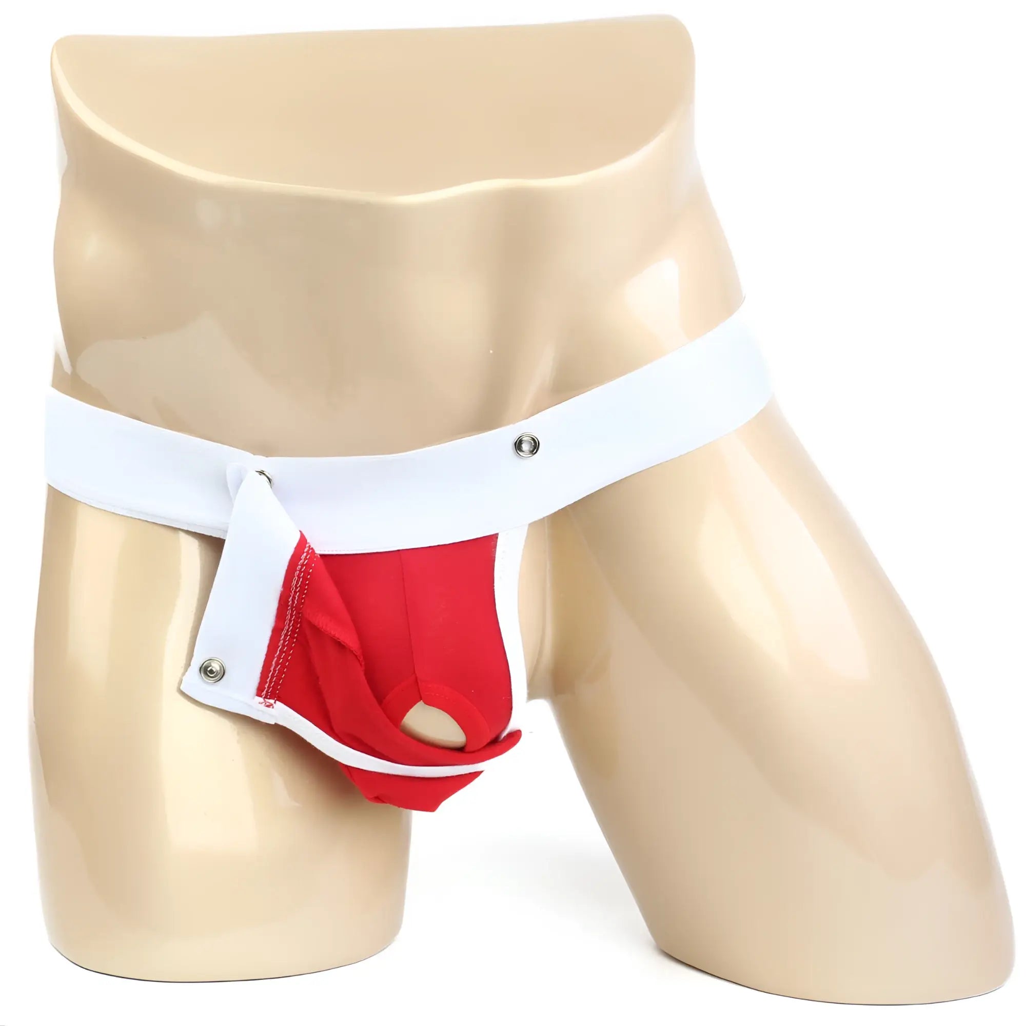 Red and white athletic briefs with buttoned flap design from metromalewear snap g red 2216-12 for active wear