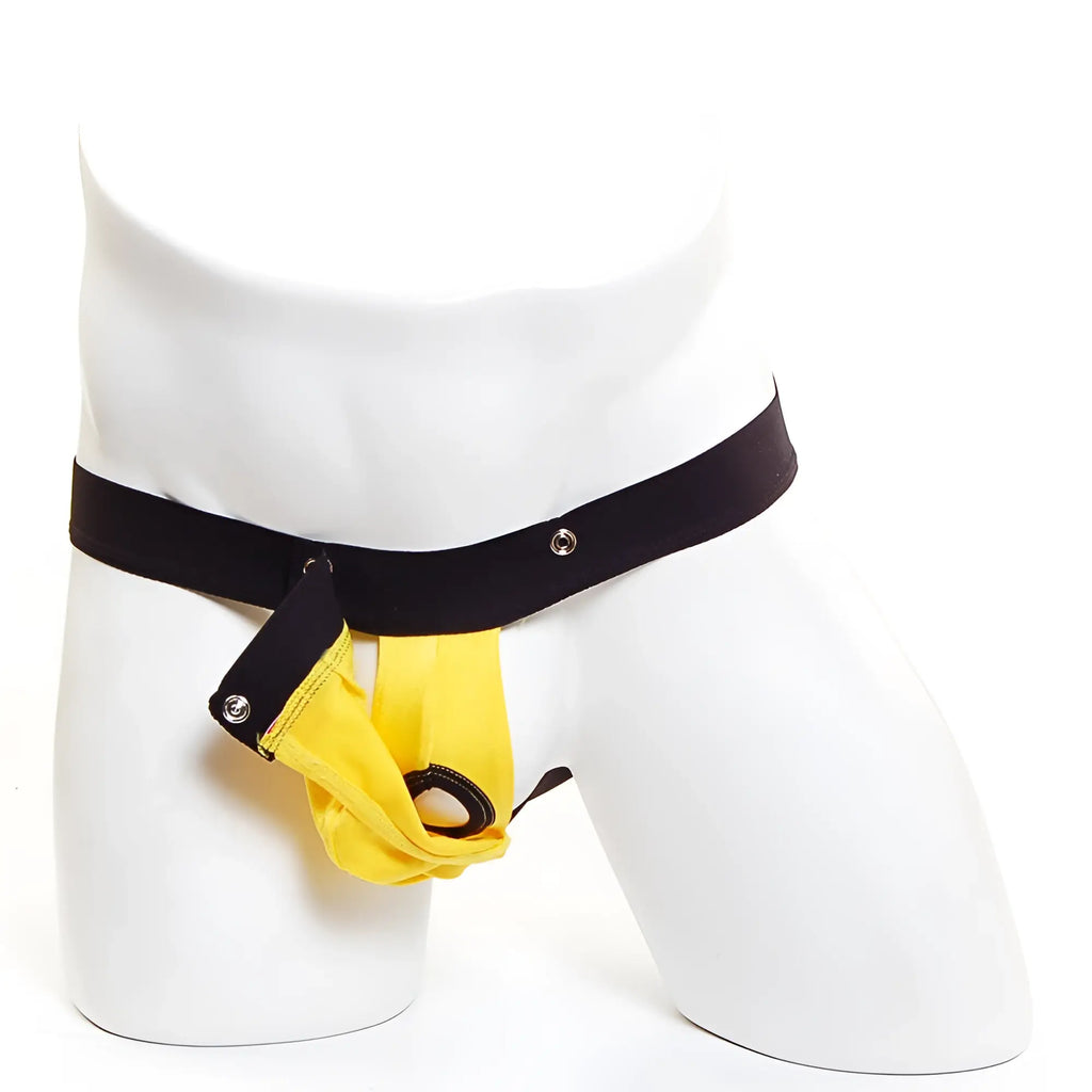 Yellow and black MetroMaleWear snap jock strap mango 2211-15 with wide elastic waistband for athletic support
