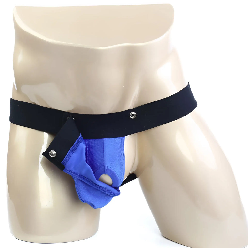 Metro male wear snap jock strap royal 2211-18 blue and black athletic briefs with snap button closure front view