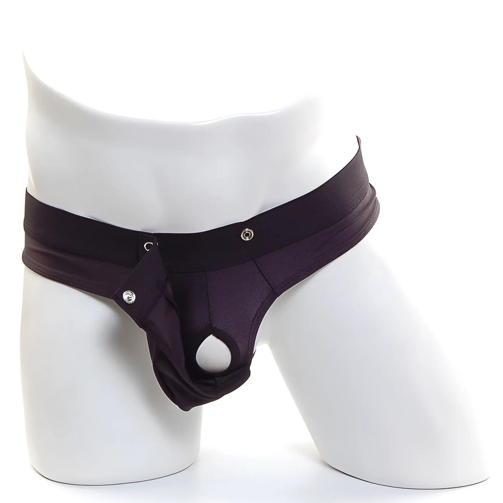 Black men’s thong with wide waistband and silver-toned snap closures by MetroMaleWear in black front view