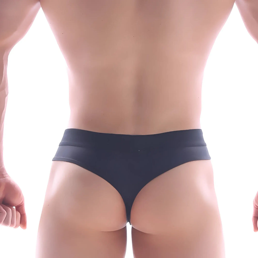 Black form-fitting thong underwear with smooth stretchy fabric waistband from MetroMaleWear SNAP THONG BLACK 2212-20
