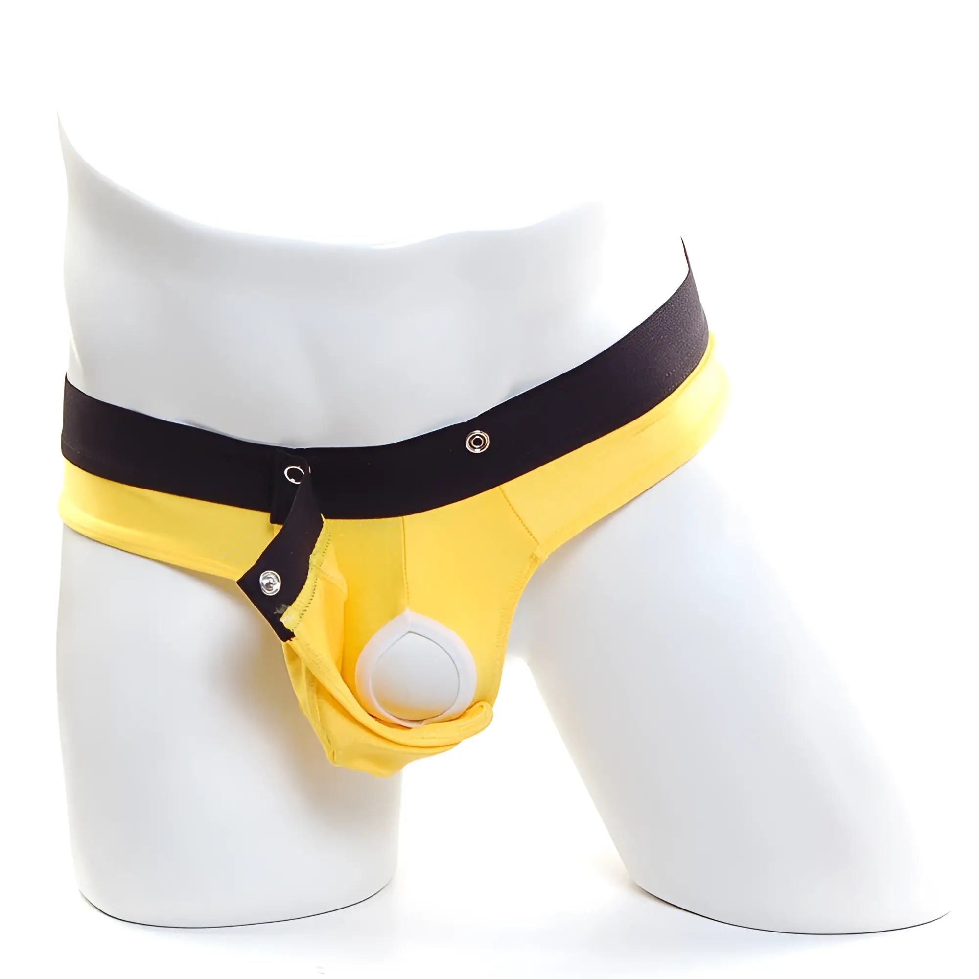 Yellow and black mens briefs with white circular front detail metro male wear snap thong mango 2212-15