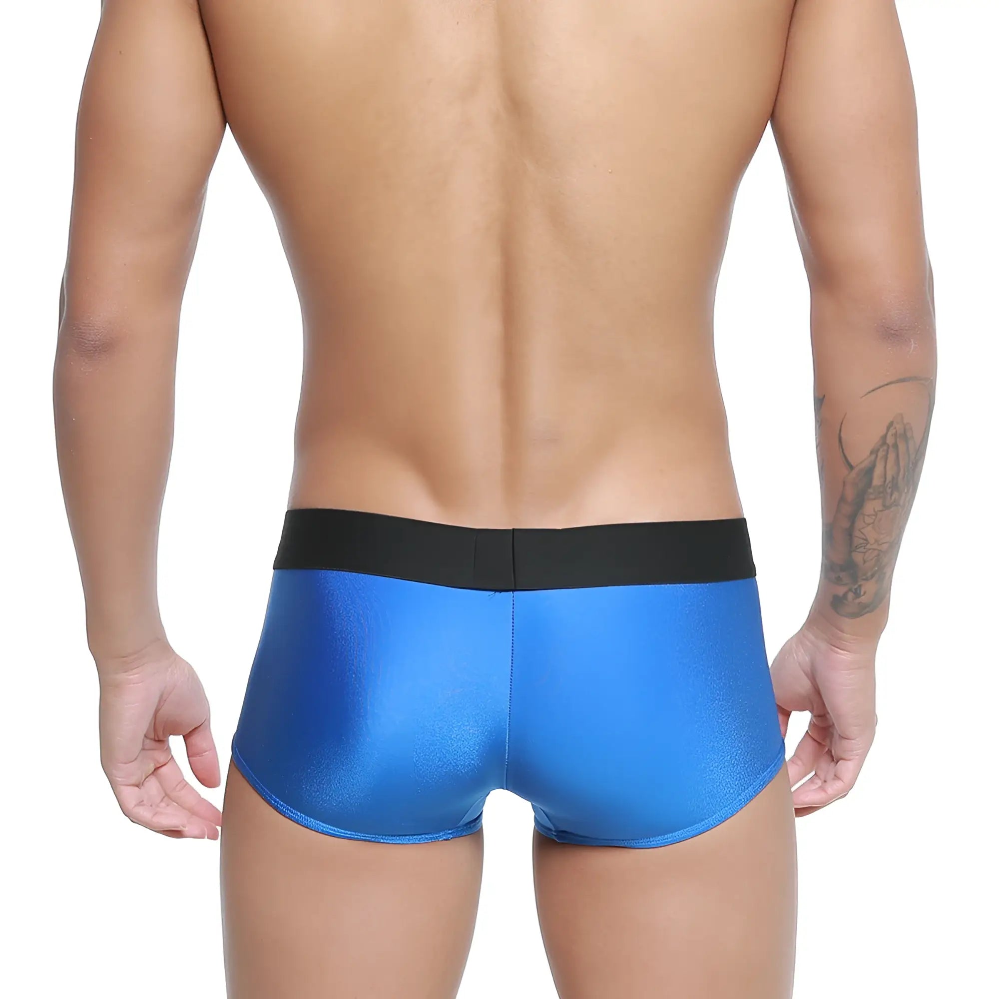 Blue metallic briefs with black elastic waistband metroMalewear snap trunk royal 2223-18 in shiny fabric