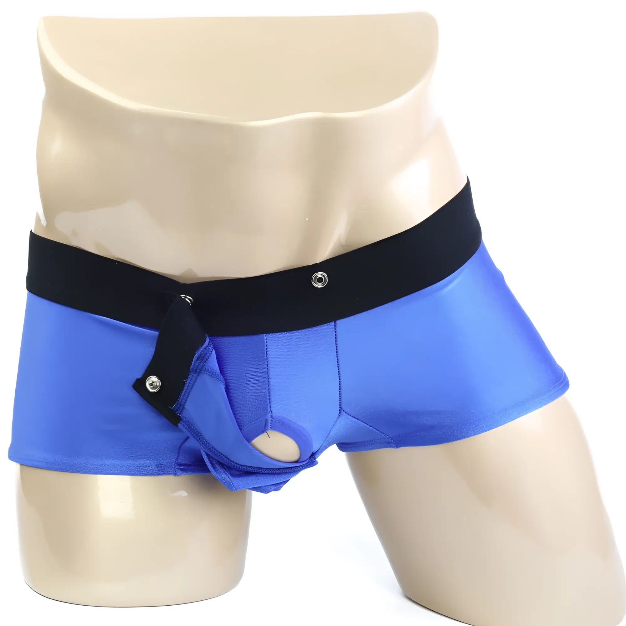 MetroMaleWear snap trunk royal 2223-18 blue satin briefs with black elastic waistband and snap closures front view