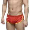 Red mesh athletic briefs with yellow trim from metromalewear soccer split short red 4705-12 for sports use