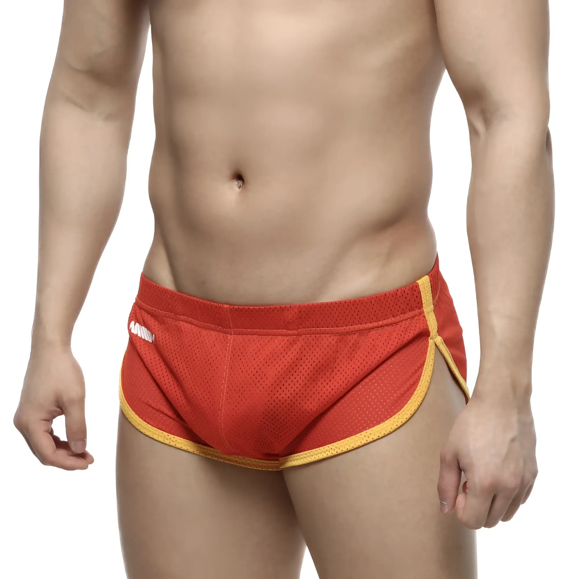 Red mesh athletic briefs with yellow trim from metromalewear soccer split short red 4705-12 for sports use
