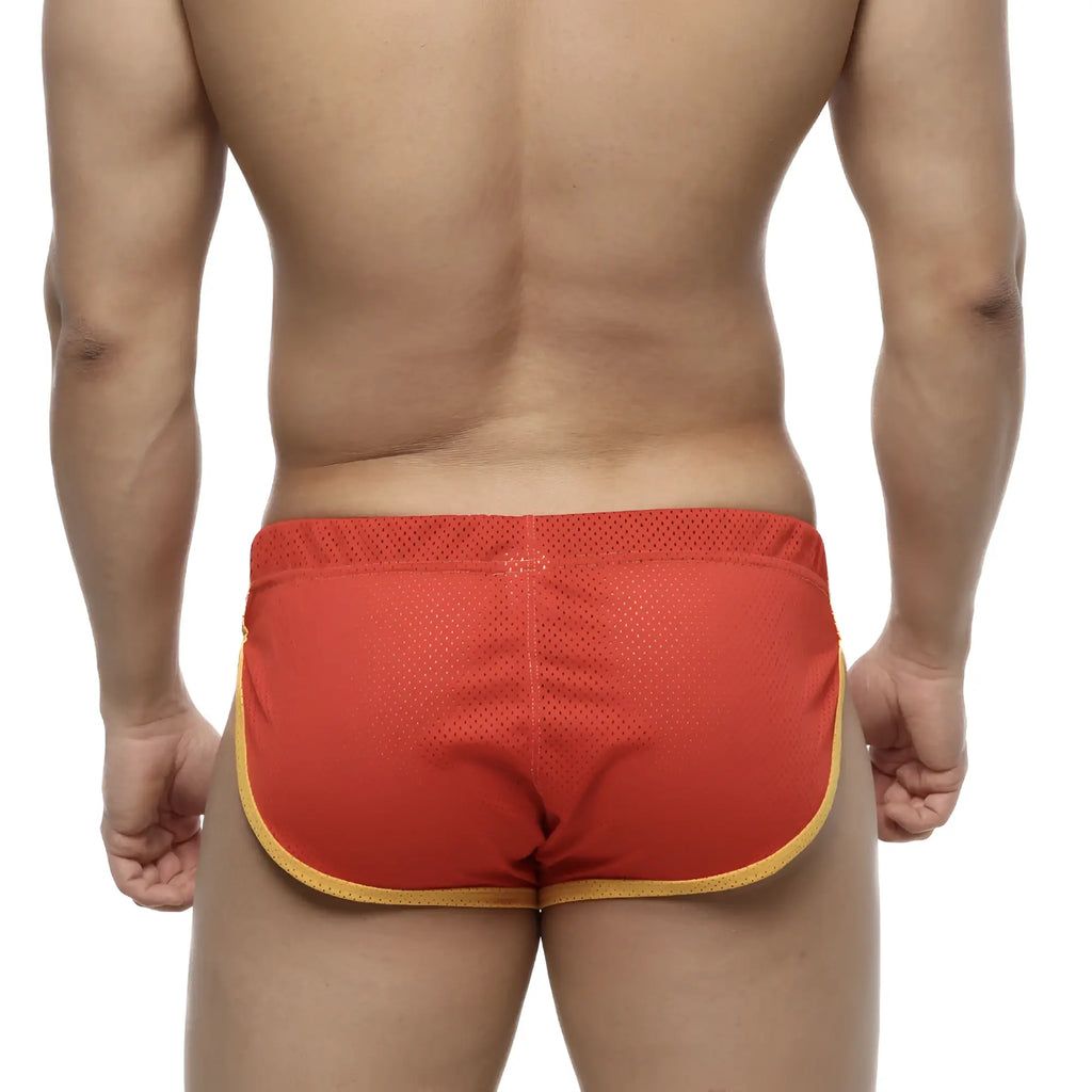 MetroMalewear soccer split short red 4705-12 featuring red mesh athletic briefs with yellow trim for sports use