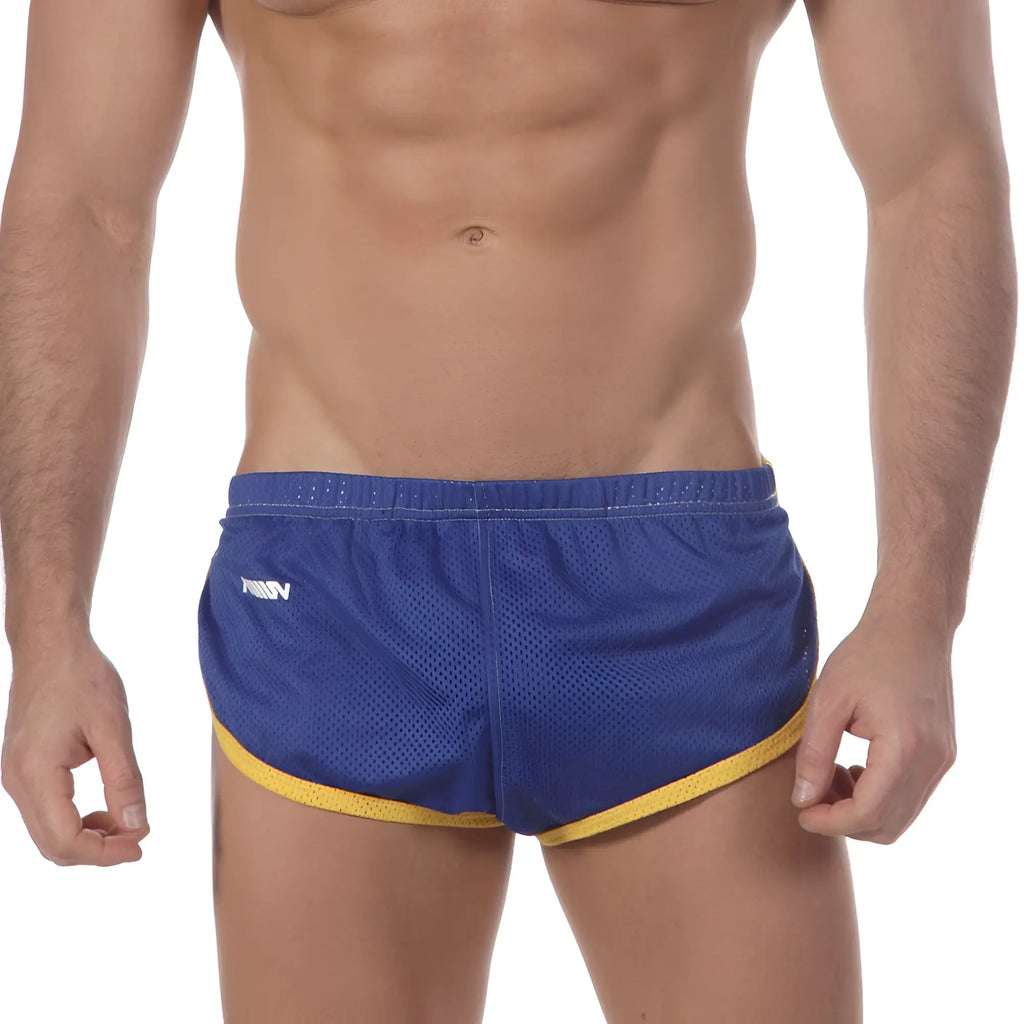 MetroMaleWear soccer split short royal mesh shorts in blue with yellow trim and white logo on the left leg