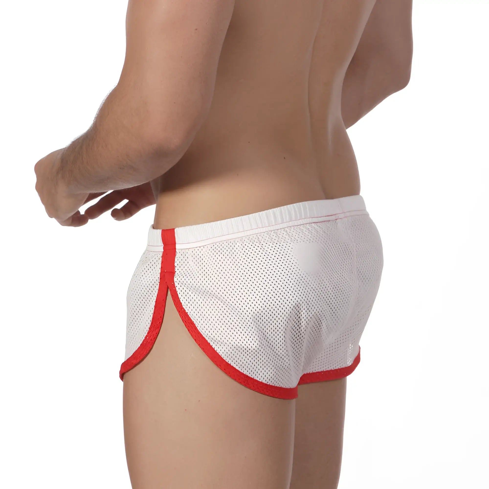 MetroMaleWear soccer split shorts in white mesh with red trim and elastic waistband for athletic use
