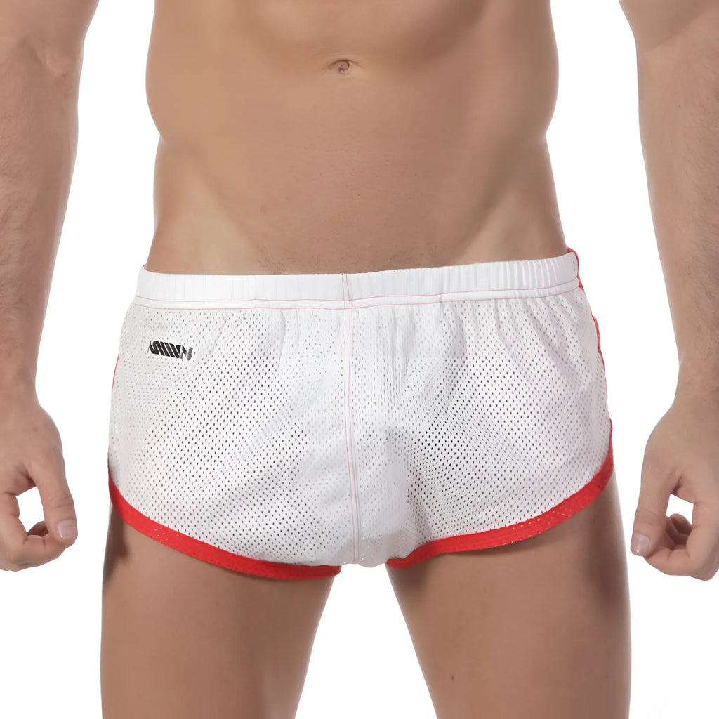 White mesh men’s briefs with red trim and black logo on waistband from metromalewear soccer split short white 4705-00