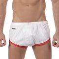 White mesh men’s briefs with red trim and black logo on waistband from metromalewear soccer split short white 4705-00