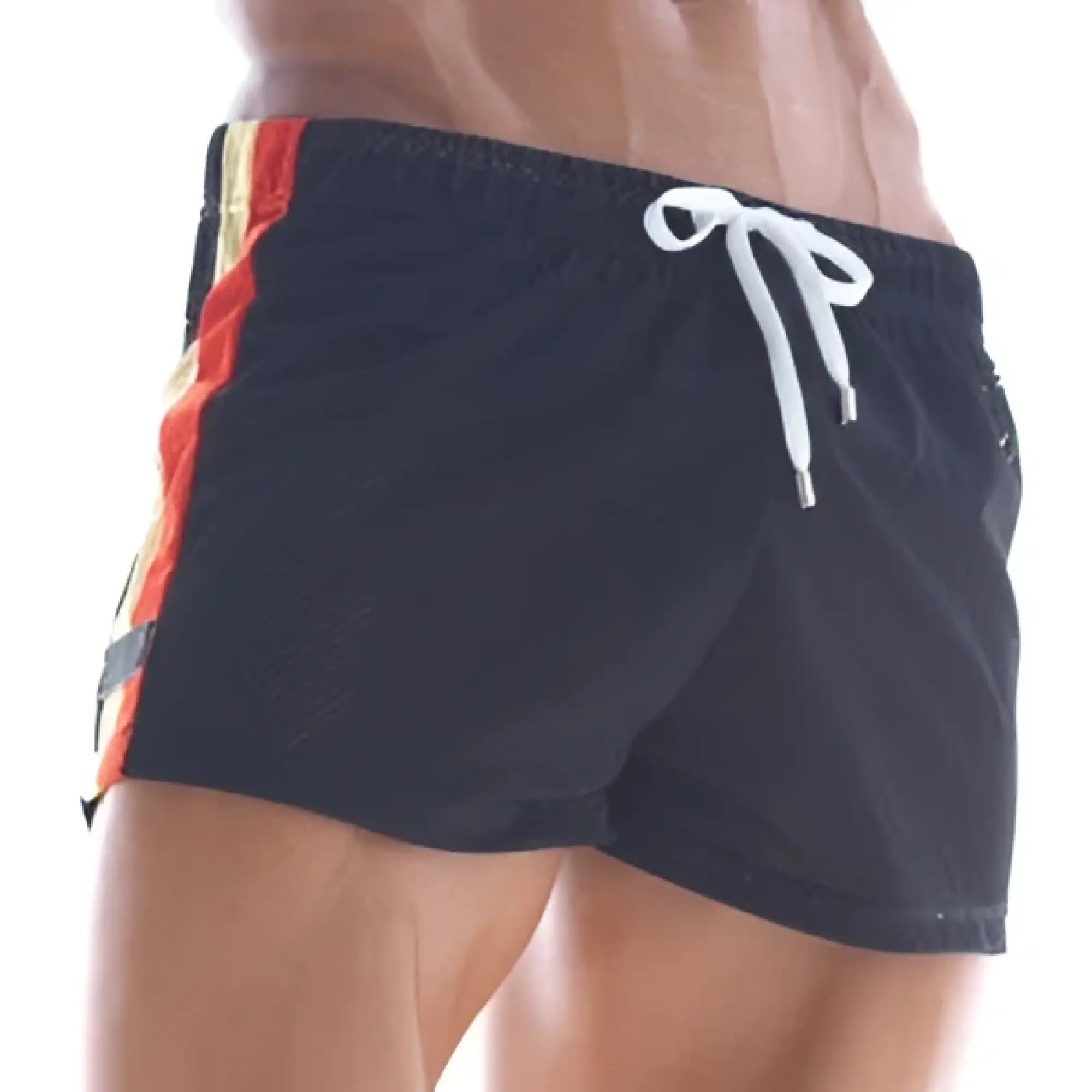 MetroMaleWear soccer swim short black mesh with white drawstring and orange side stripe for sporty swim use