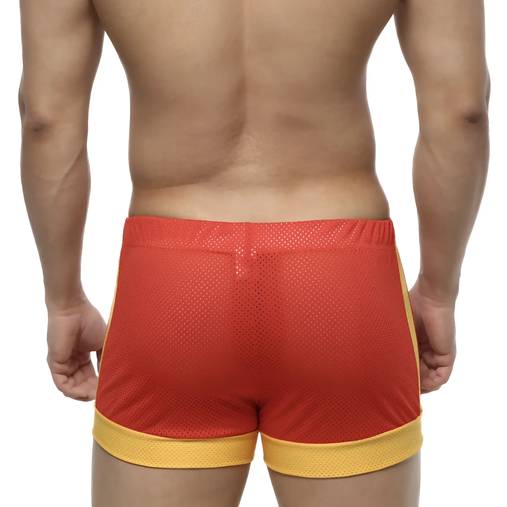 MetroMalewear soccer swim short red 4704-12 red and yellow mesh athletic shorts with elastic waistband