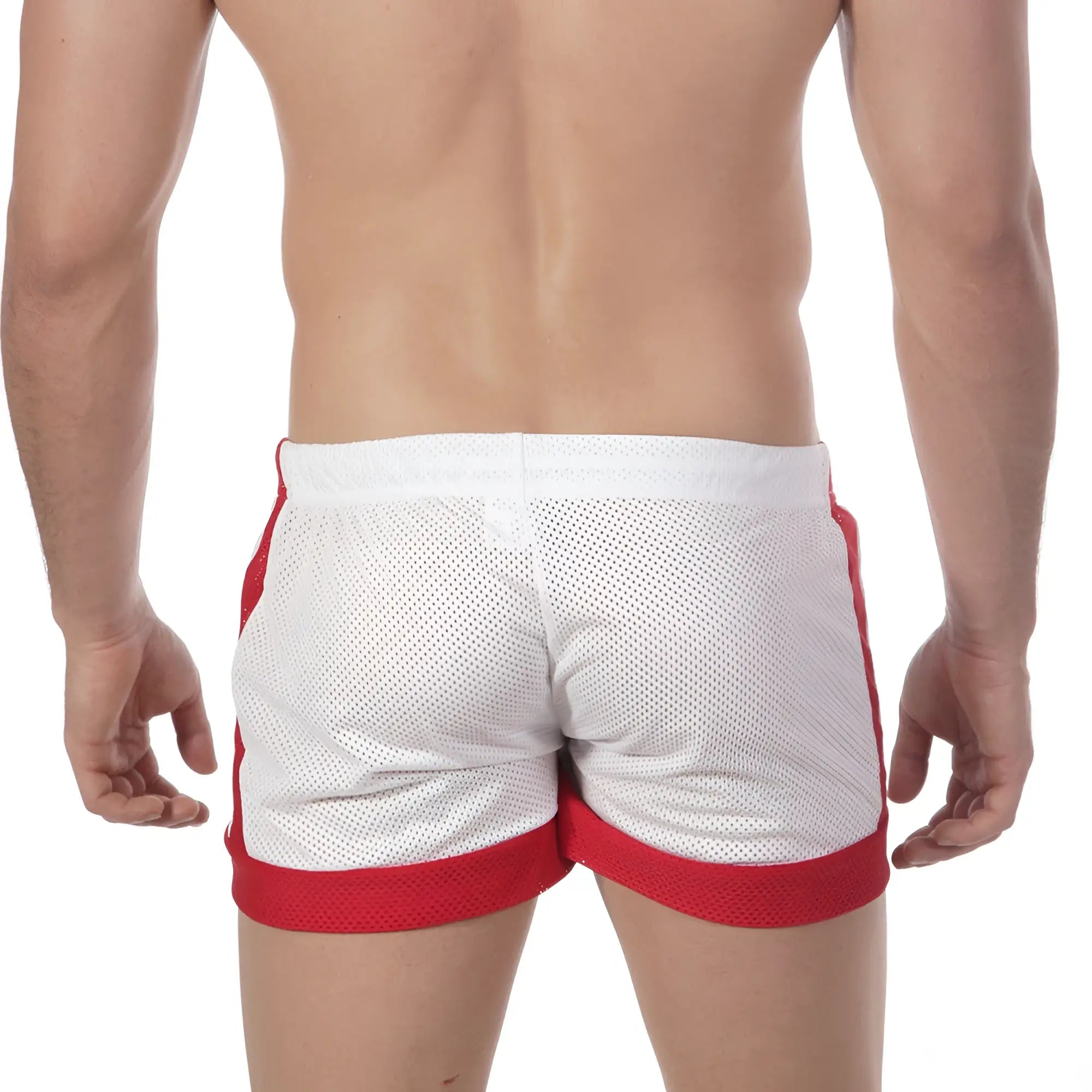 MetroMaleWear soccer swim short white 4704-00 white mesh athletic shorts with red side stripes and matching waistband