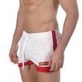 Metro male wear soccer swim short white 4704-00 white and red mesh athletic shorts with drawstring and orange logo patch