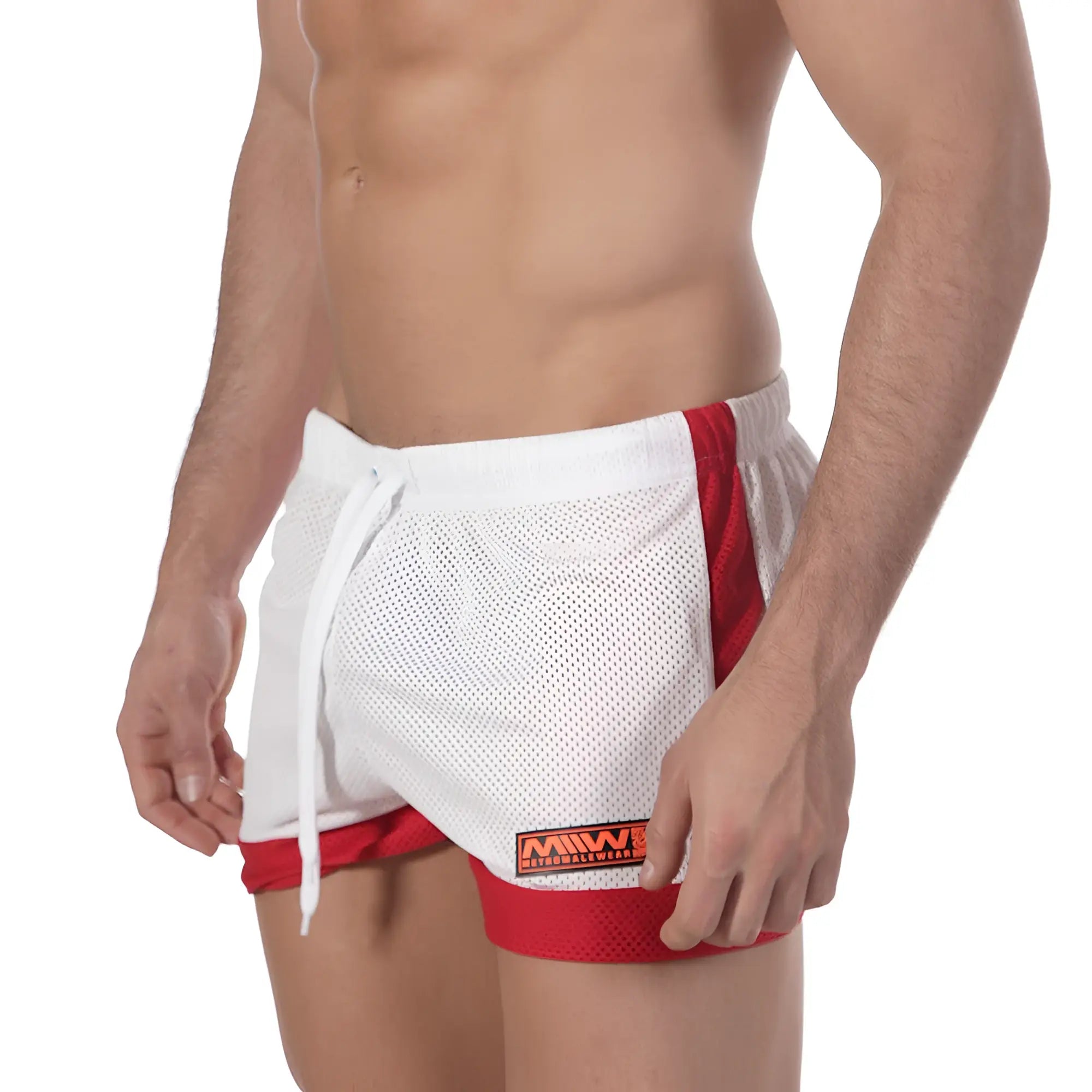 Metro male wear soccer swim short white 4704-00 white and red mesh athletic shorts with drawstring and orange logo patch