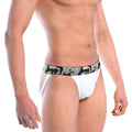 White athletic briefs with a camouflage waistband from metromalewear soldado jock strap model 2901-50