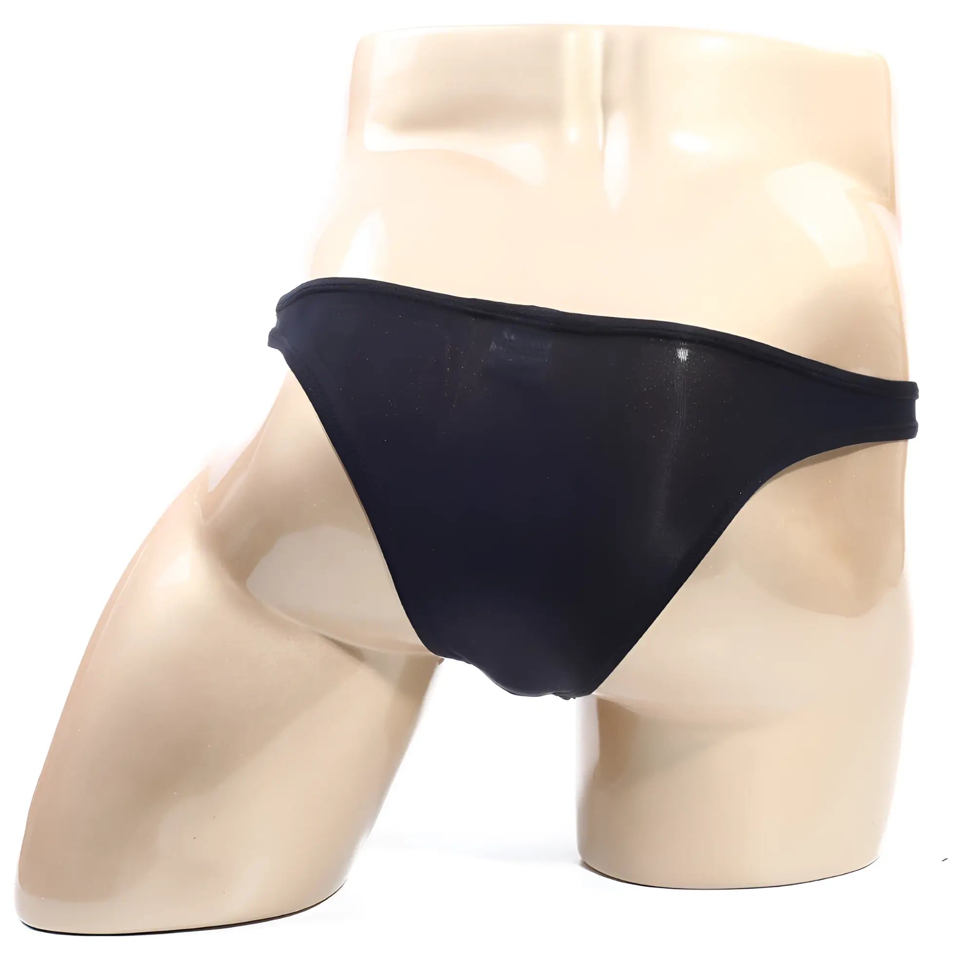 Metro male wear soto bikini black 2324-20 black glossy mesh thong displayed on a mannequin front view