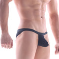 MetroMaleWear SOX bikini black thong with narrow waistband and small red logo on the side showing the back view