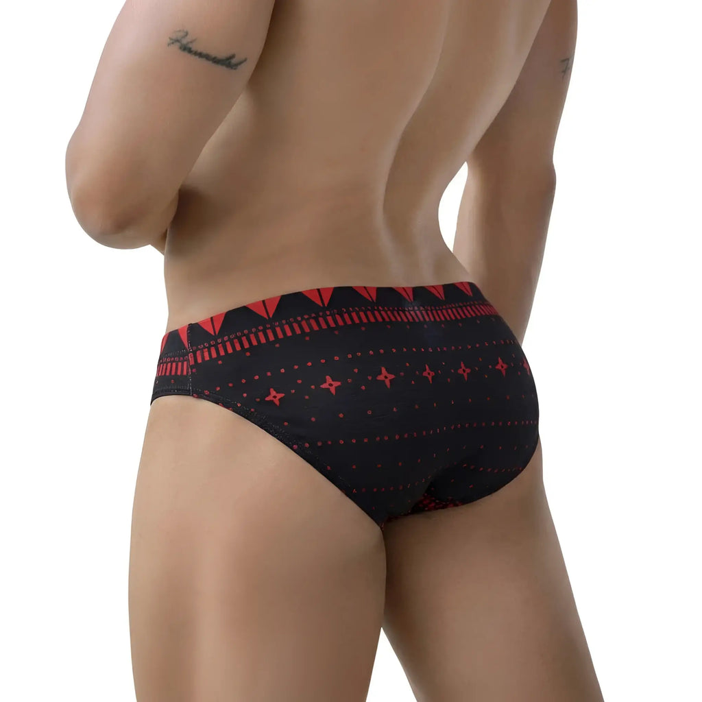 MetroMalewear spade bikini 5103-M36 black briefs with red geometric patterns and star motifs front view