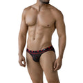Metro malewear spade bikini 5103-m36 black briefs with red geometric patterns and white logo on waistband